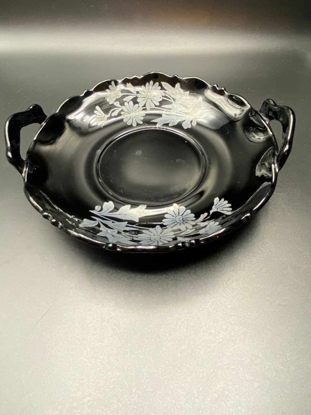 L.E. Smith Black Ruby Cake Plate Silver Flowers